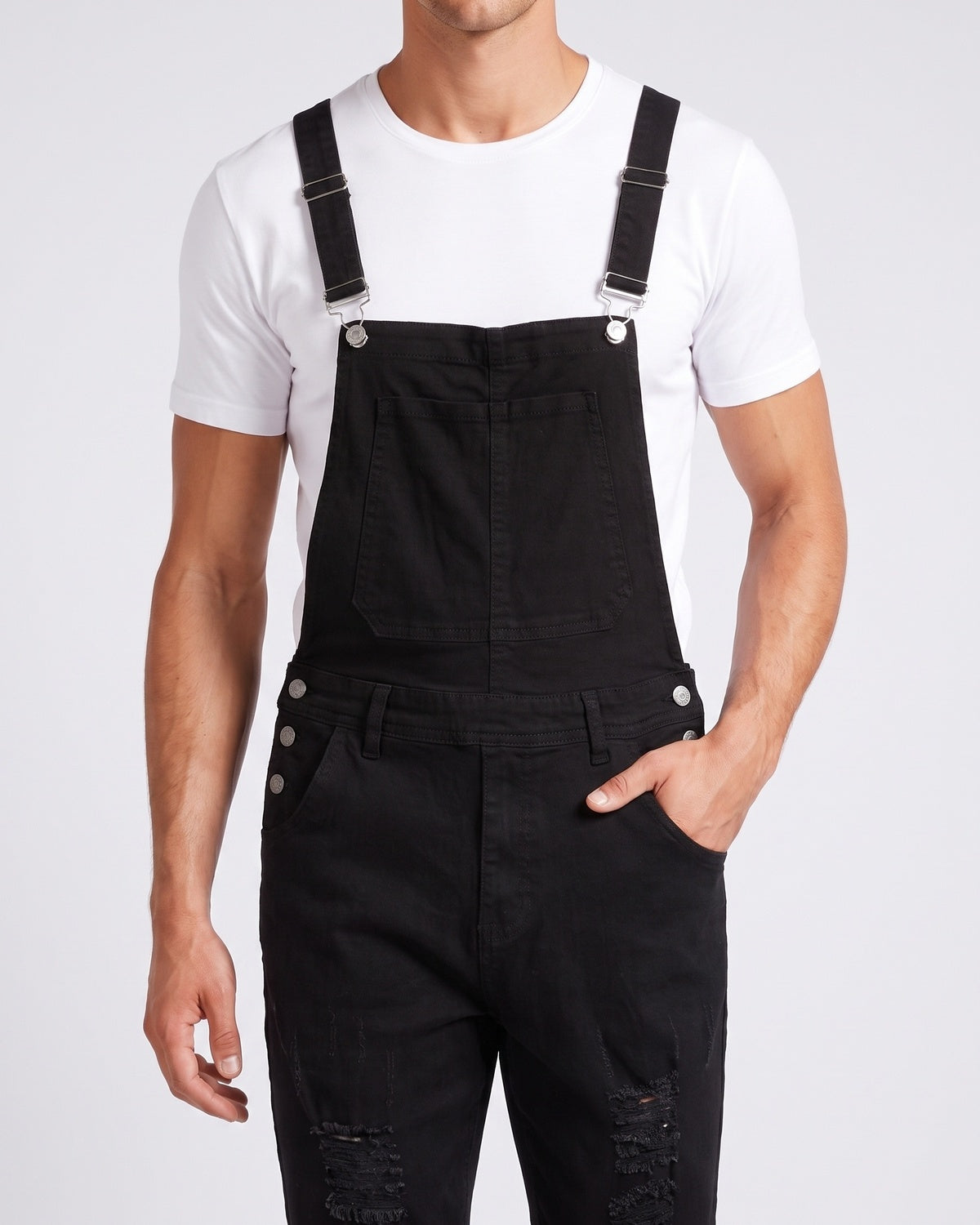 KZZ Men's Solid-Color Distressed Denim Overalls with Pockets