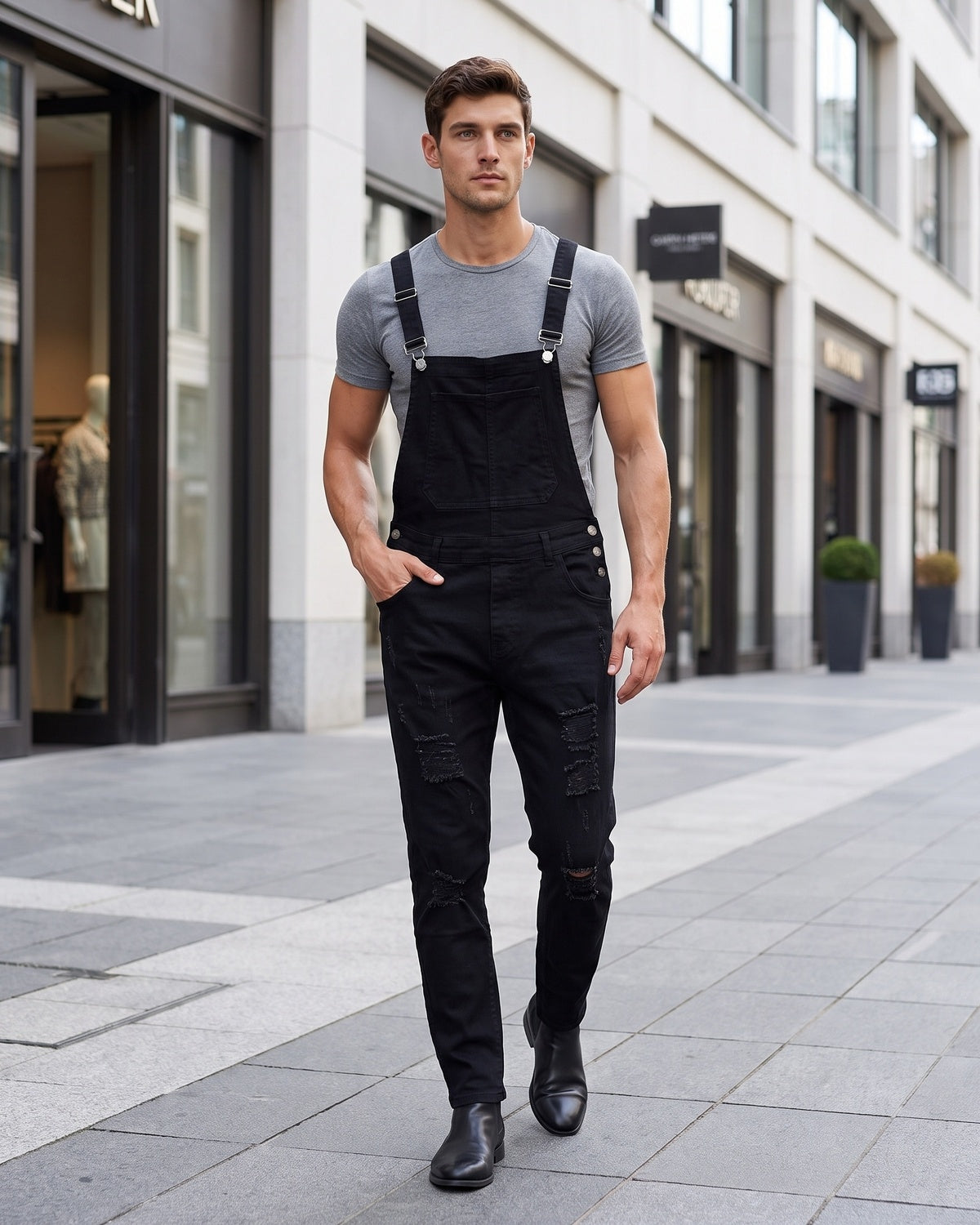 KZZ Men's Solid-Color Distressed Denim Overalls with Pockets