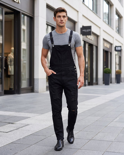 KZZ Men's Solid-Color Distressed Denim Overalls with Pockets