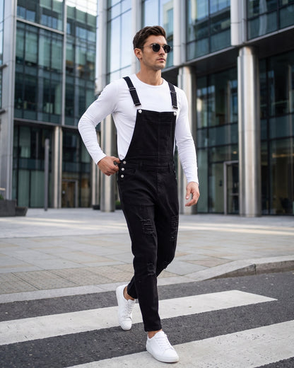 KZZ Men's Solid-Color Distressed Denim Overalls with Pockets