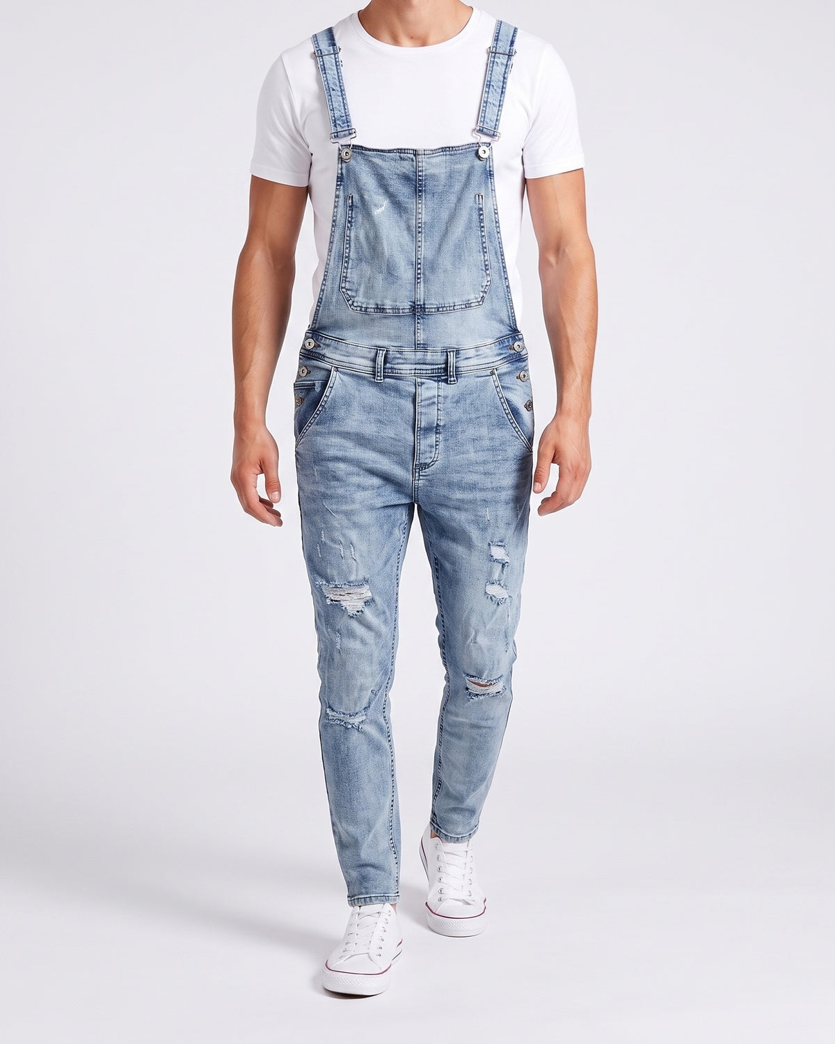 KZZ Men's Solid-Color Distressed Denim Overalls with Pockets