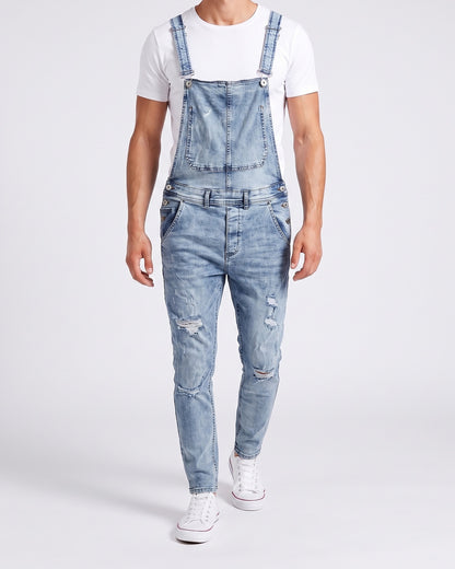 KZZ Men's Solid-Color Distressed Denim Overalls with Pockets