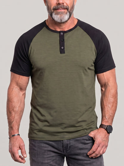 KZZ Men's Lightweight Summer Color-Block Henley T-Shirt with Raglan Sleeves and Button Placket