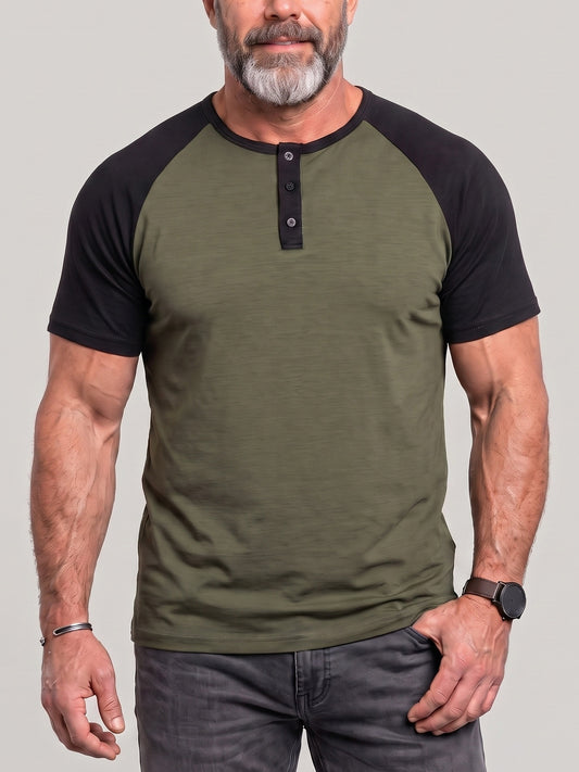 KZZ Men's Lightweight Summer Color-Block Henley T-Shirt with Raglan Sleeves and Button Placket