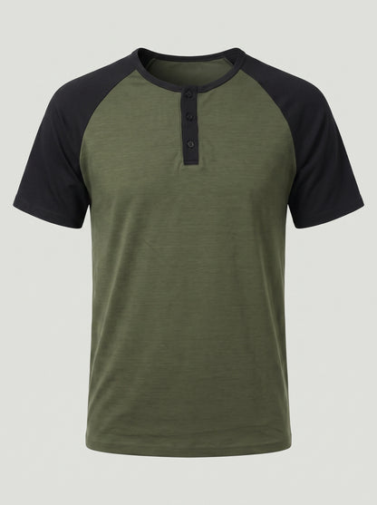 KZZ Men's Lightweight Summer Color-Block Henley T-Shirt with Raglan Sleeves and Button Placket