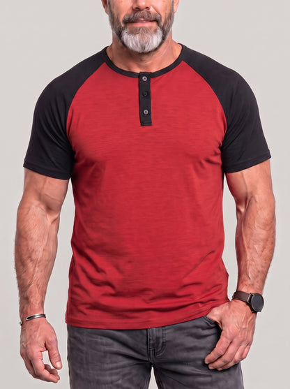 KZZ Men's Lightweight Summer Color-Block Henley T-Shirt with Raglan Sleeves and Button Placket