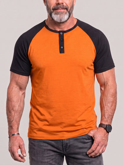 KZZ Men's Lightweight Summer Color-Block Henley T-Shirt with Raglan Sleeves and Button Placket