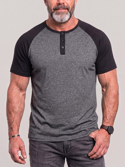 KZZ Men's Lightweight Summer Color-Block Henley T-Shirt with Raglan Sleeves and Button Placket