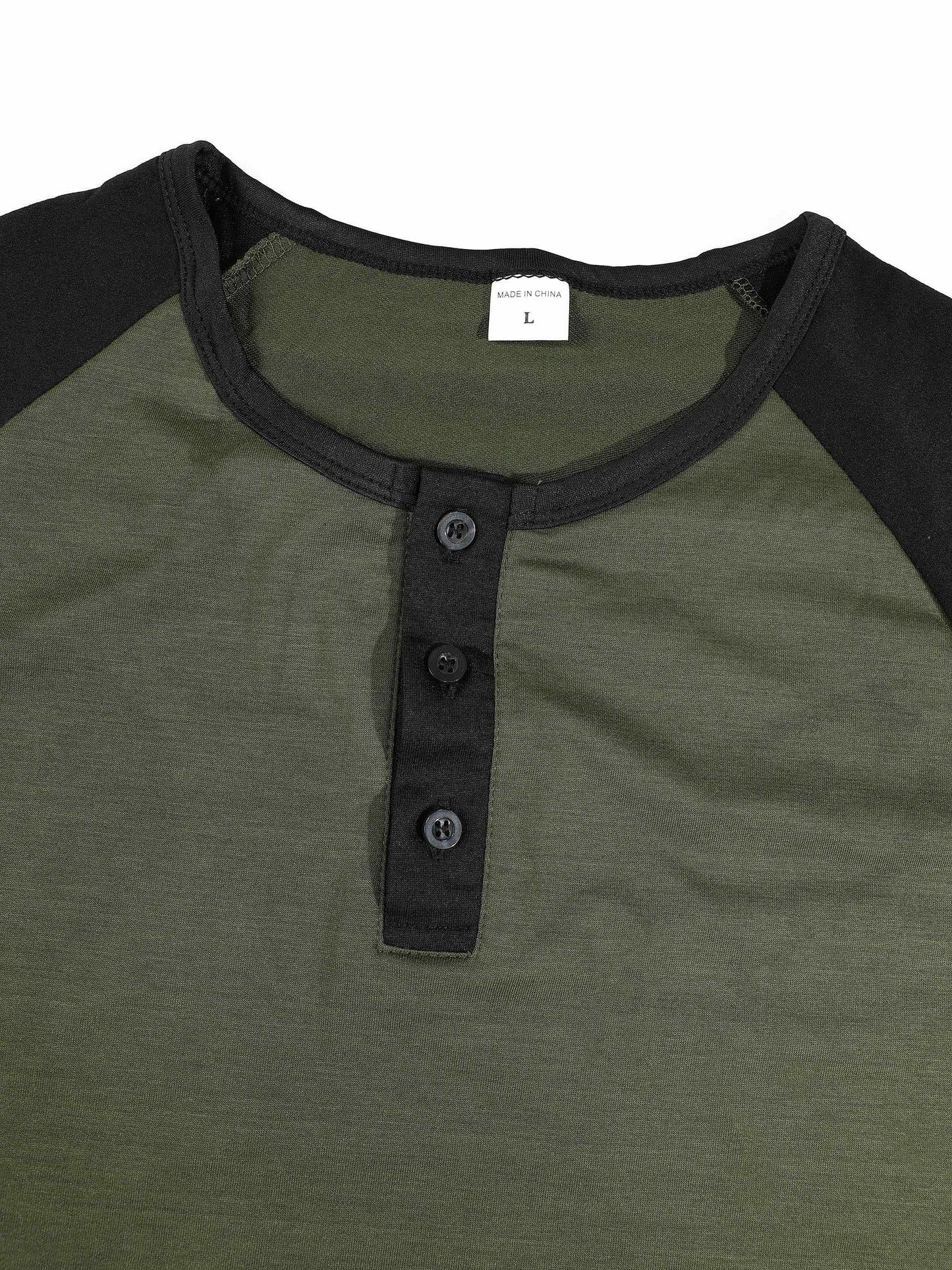 KZZ Men's Lightweight Summer Color-Block Henley T-Shirt with Raglan Sleeves and Button Placket