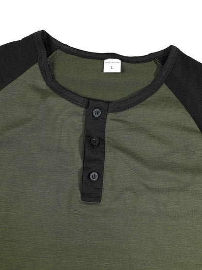 KZZ Men's Lightweight Summer Color-Block Henley T-Shirt with Raglan Sleeves and Button Placket