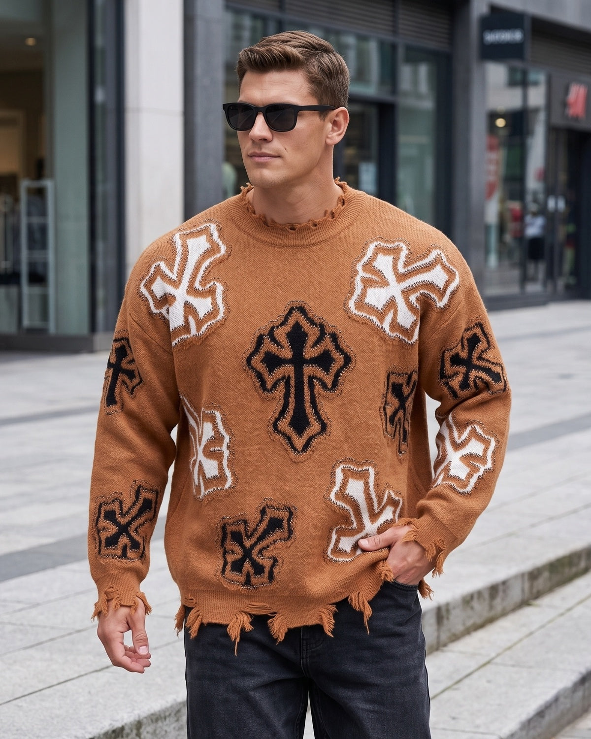 KZZ Men's Dark Street Style Crew Neck Sweater