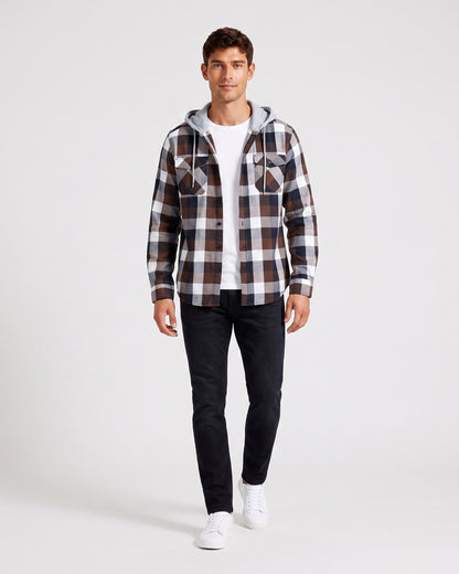 KZZ Men's Plaid Drawstring Hooded Shirt