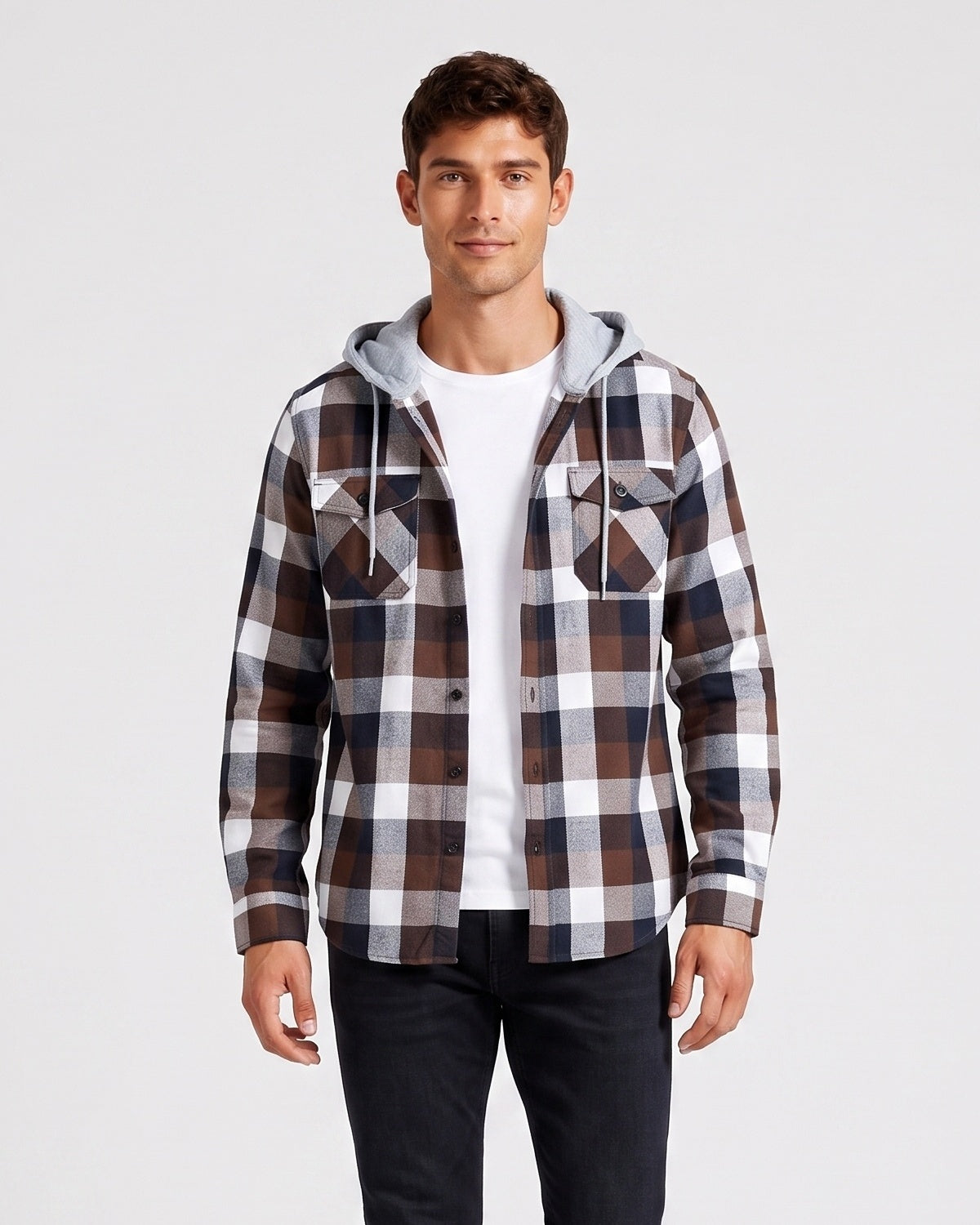 KZZ Men's Plaid Drawstring Hooded Shirt
