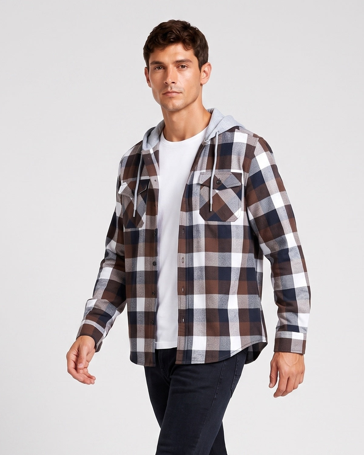 KZZ Men's Plaid Drawstring Hooded Shirt