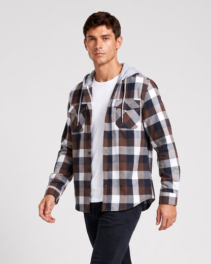 KZZ Men's Plaid Drawstring Hooded Shirt