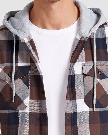 KZZ Men's Plaid Drawstring Hooded Shirt