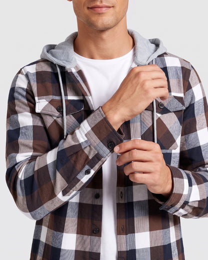 KZZ Men's Plaid Drawstring Hooded Shirt