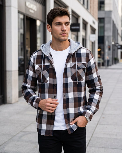 KZZ Men's Plaid Drawstring Hooded Shirt
