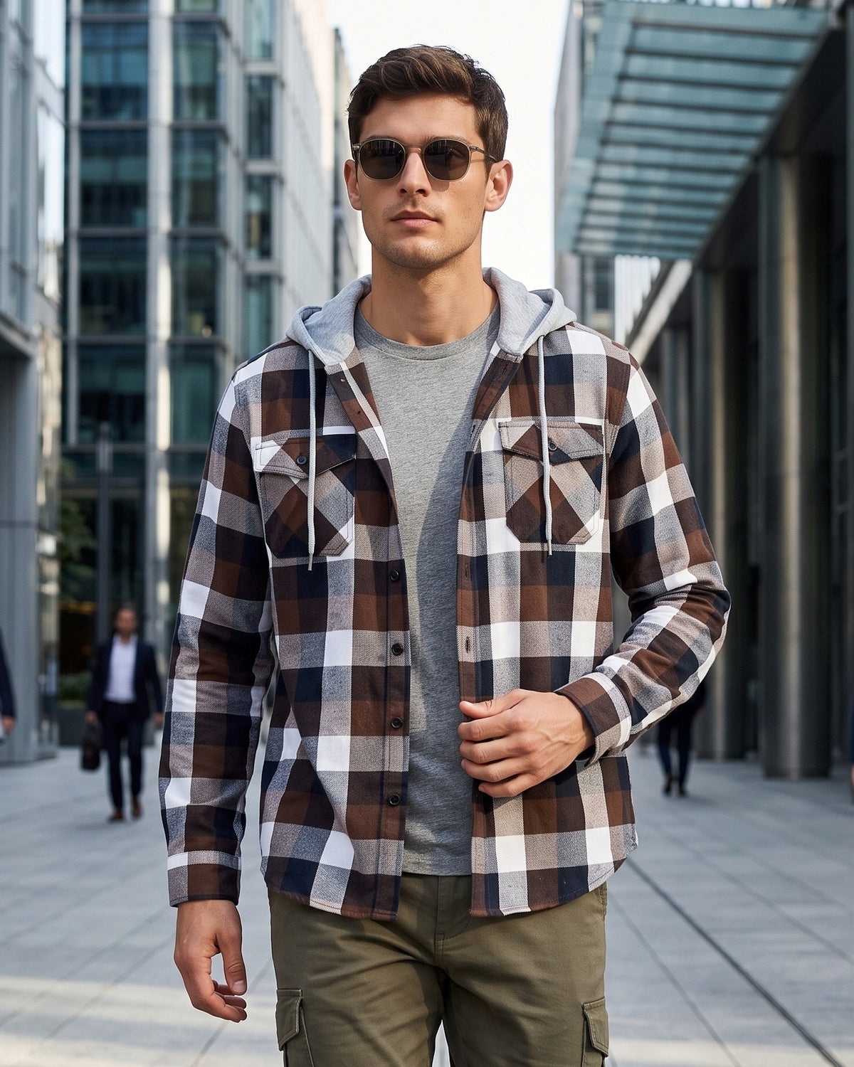 KZZ Men's Plaid Drawstring Hooded Shirt