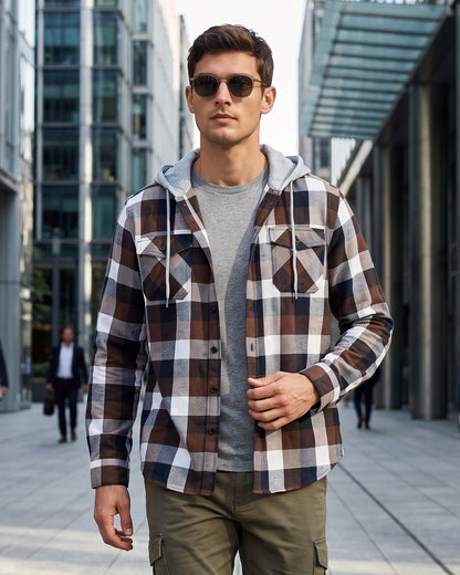 KZZ Men's Plaid Drawstring Hooded Shirt