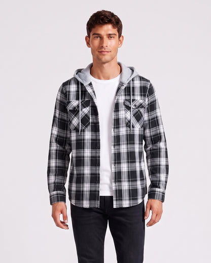 KZZ Men's Plaid Drawstring Hooded Shirt