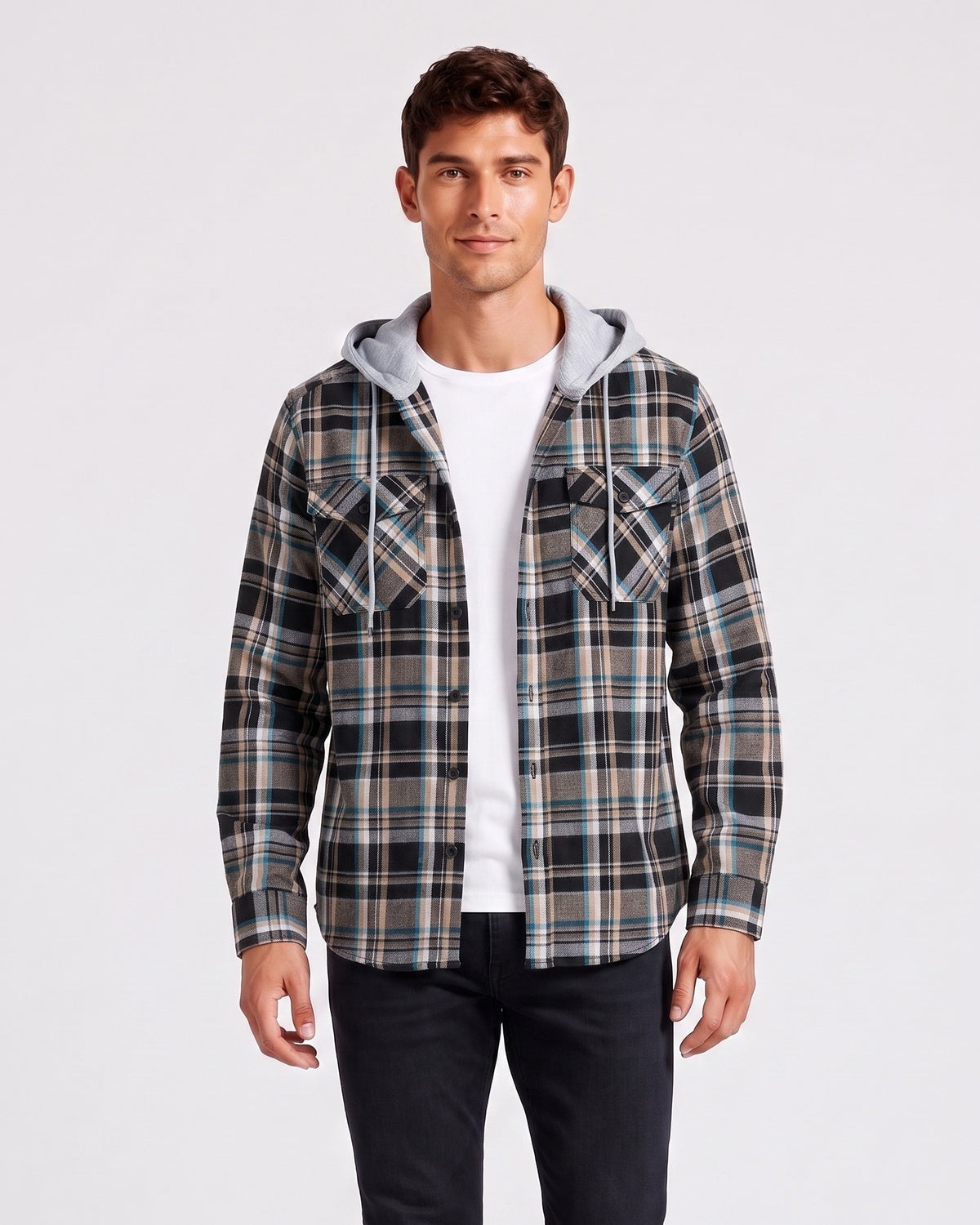 KZZ Men's Plaid Drawstring Hooded Shirt