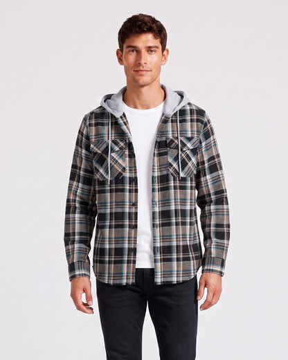 KZZ Men's Plaid Drawstring Hooded Shirt