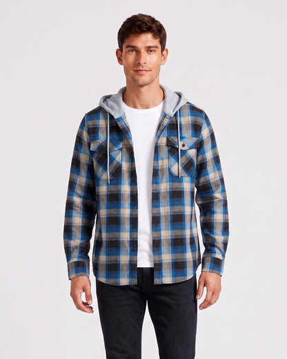 KZZ Men's Plaid Drawstring Hooded Shirt