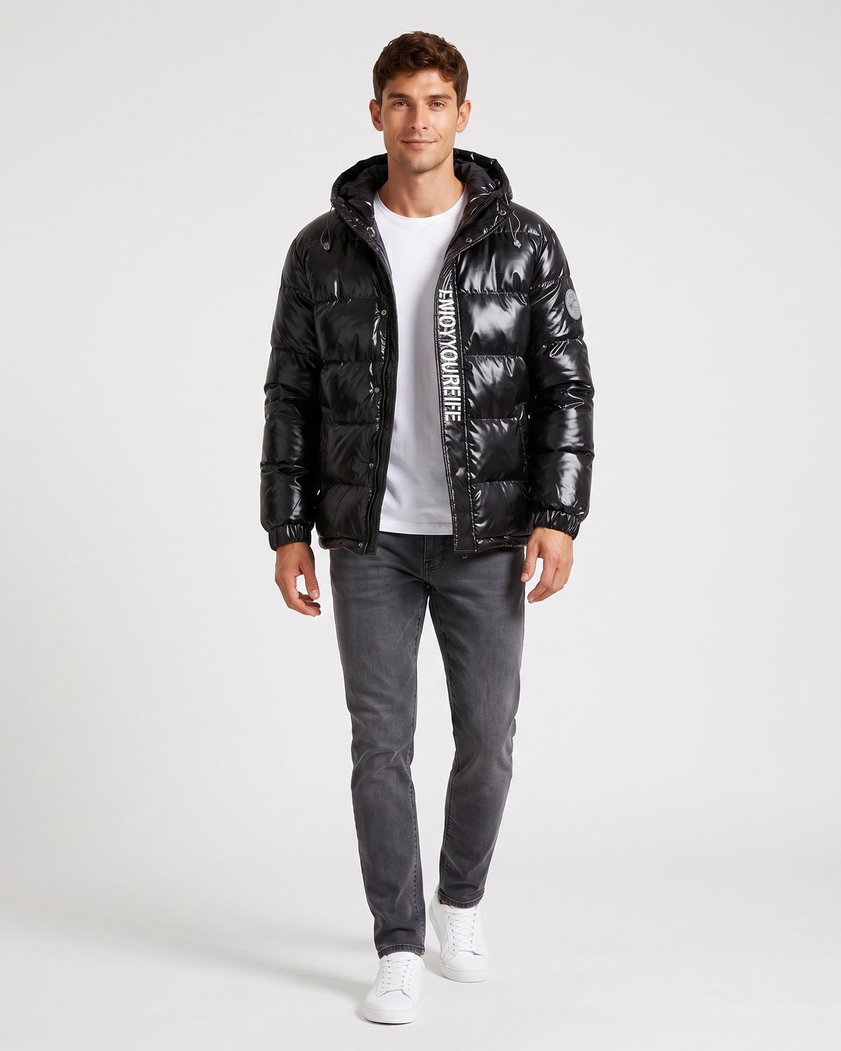 KZZ Men's Letter-Print Color-Block Drawstring Hooded Winter Jacket