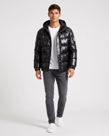 KZZ Men's Letter-Print Color-Block Drawstring Hooded Winter Jacket