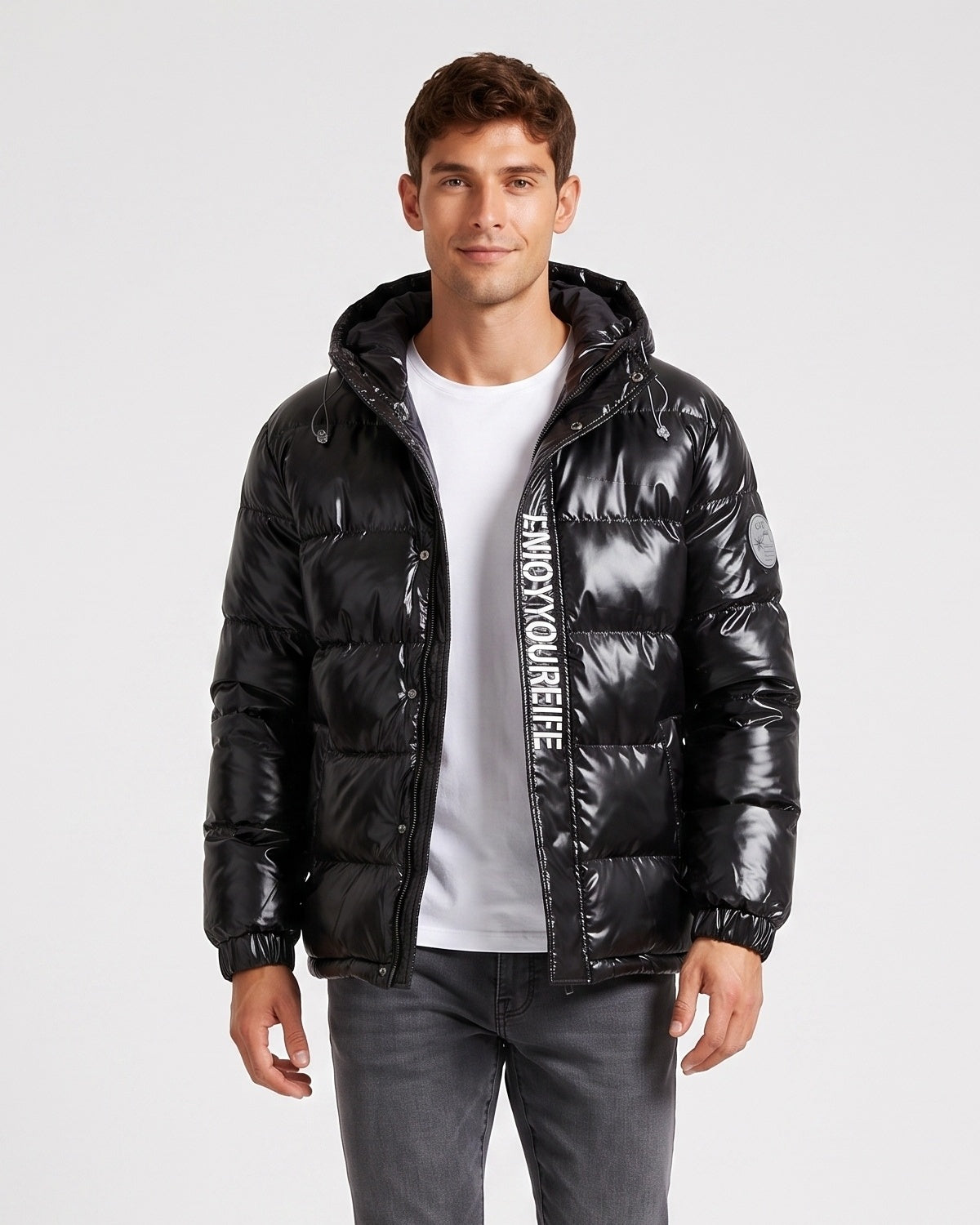 KZZ Men's Letter-Print Color-Block Drawstring Hooded Winter Jacket