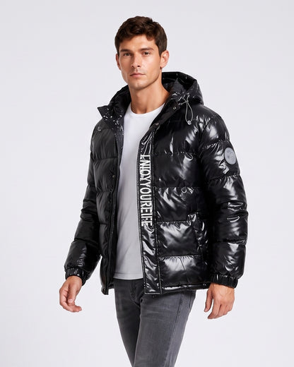KZZ Men's Letter-Print Color-Block Drawstring Hooded Winter Jacket