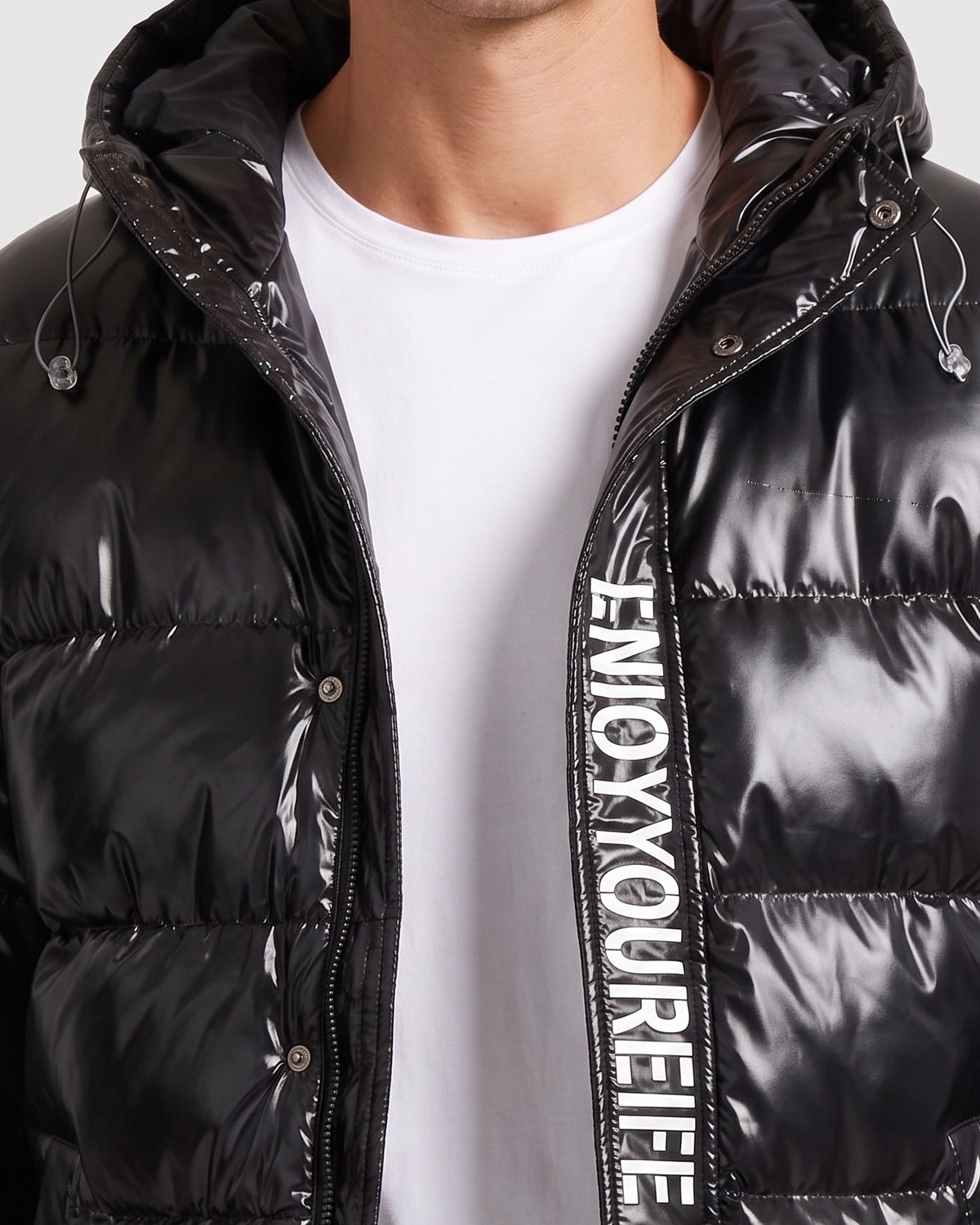 KZZ Men's Letter-Print Color-Block Drawstring Hooded Winter Jacket