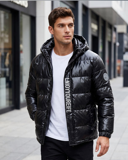 KZZ Men's Letter-Print Color-Block Drawstring Hooded Winter Jacket