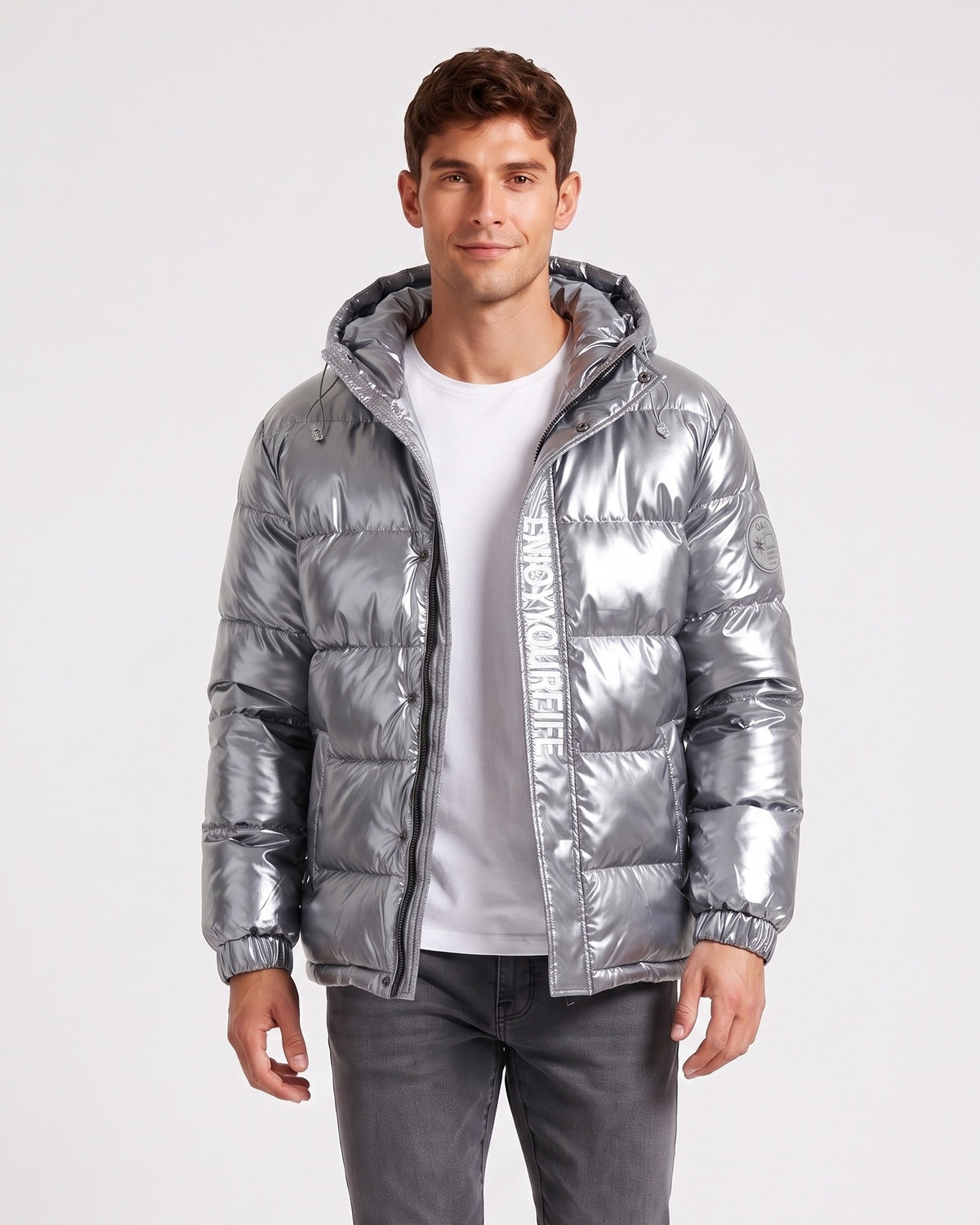 KZZ Men's Letter-Print Color-Block Drawstring Hooded Winter Jacket