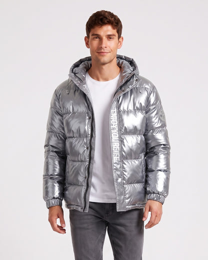 KZZ Men's Letter-Print Color-Block Drawstring Hooded Winter Jacket