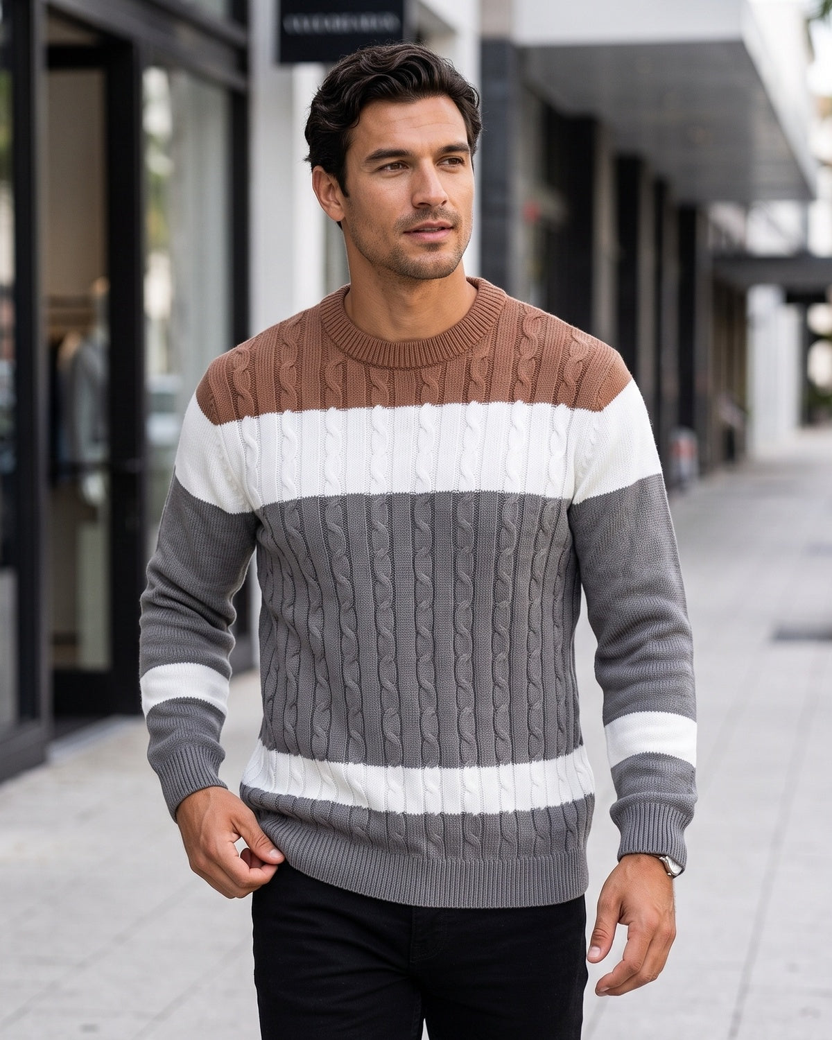 KZZ Men's Color-Block Crew-Neck Knit Sweater