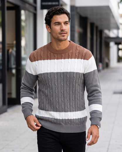 KZZ Men's Color-Block Crew-Neck Knit Sweater