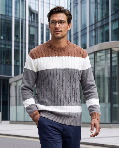 KZZ Men's Color-Block Crew-Neck Knit Sweater