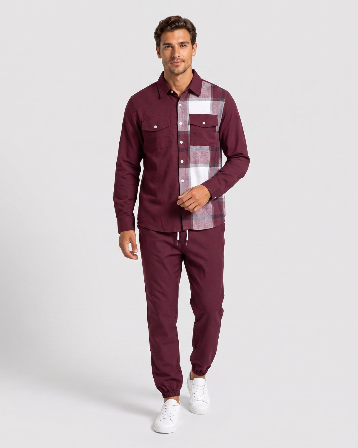 KZZ Men's Plaid Print Button-Down Shirt and Trousers