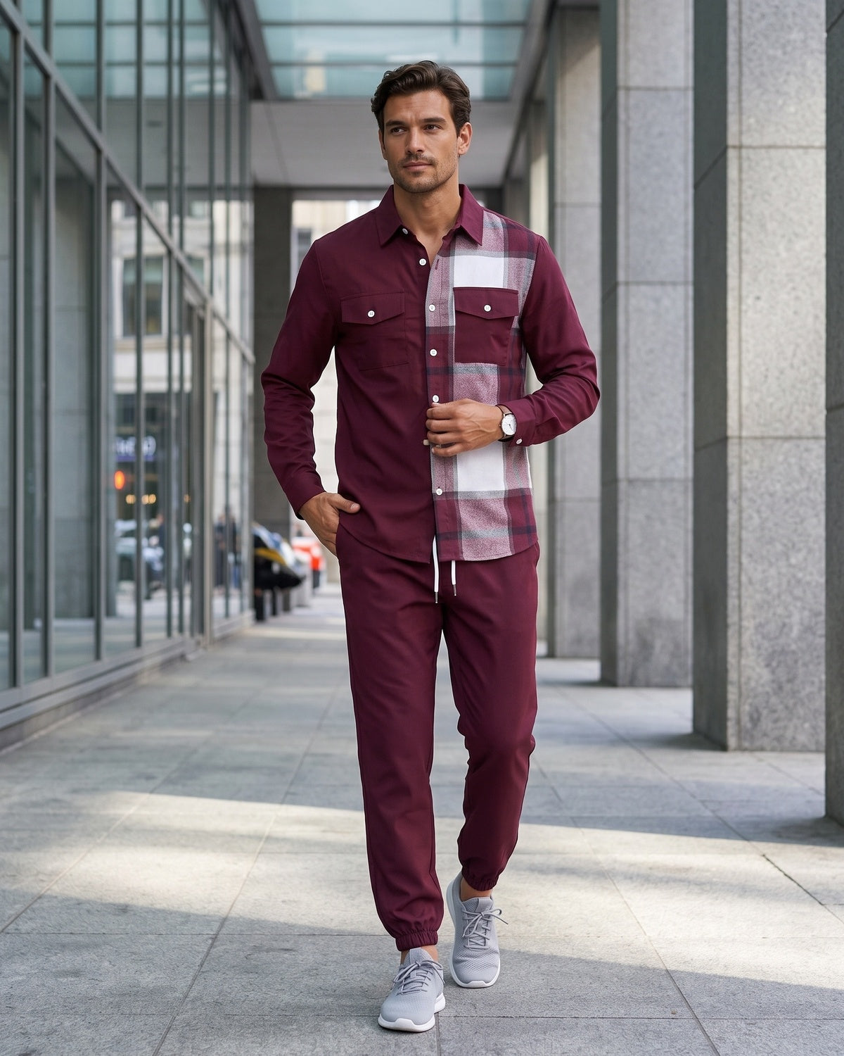 KZZ Men's Plaid Print Button-Down Shirt and Trousers