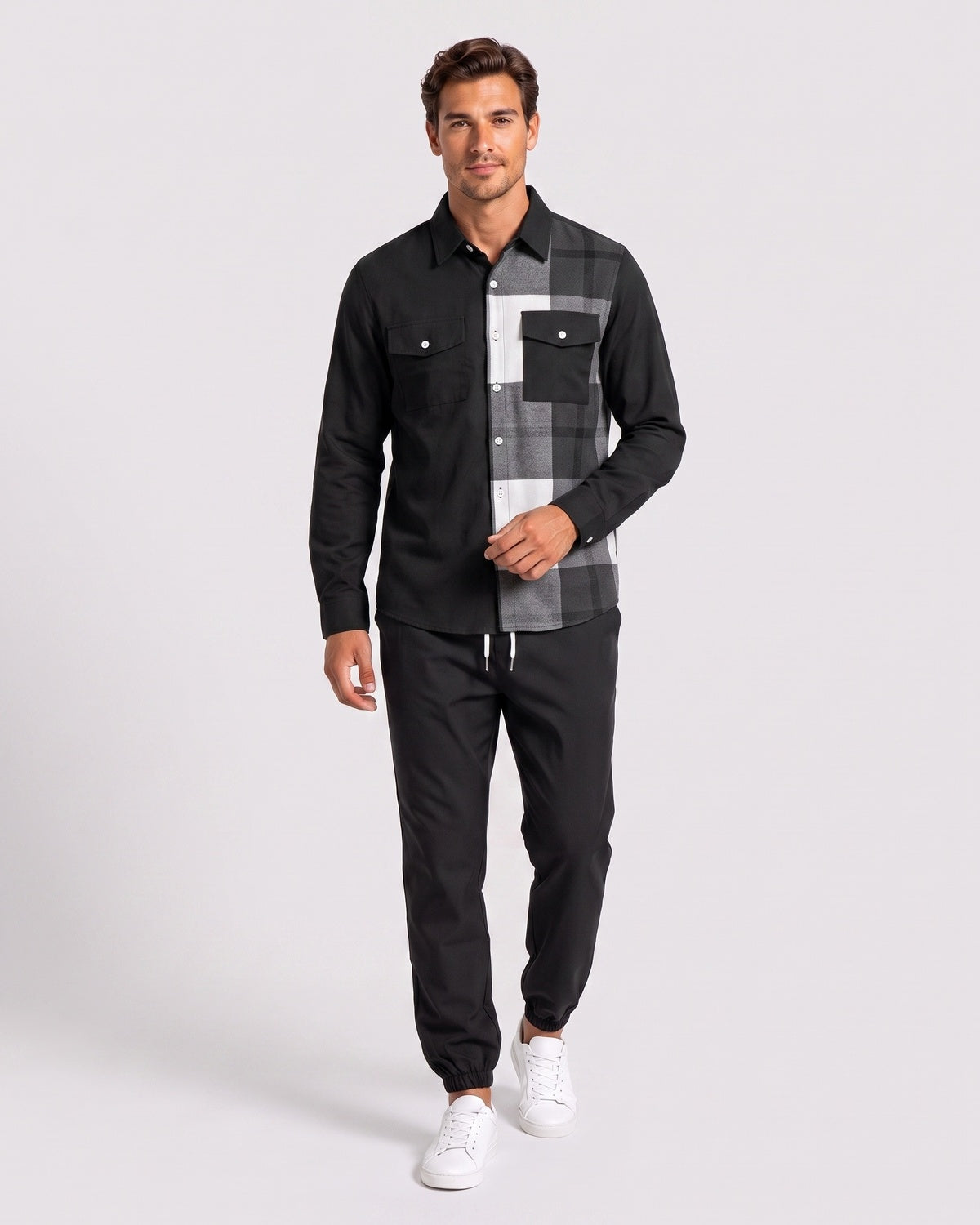 KZZ Men's Plaid Print Button-Down Shirt and Trousers