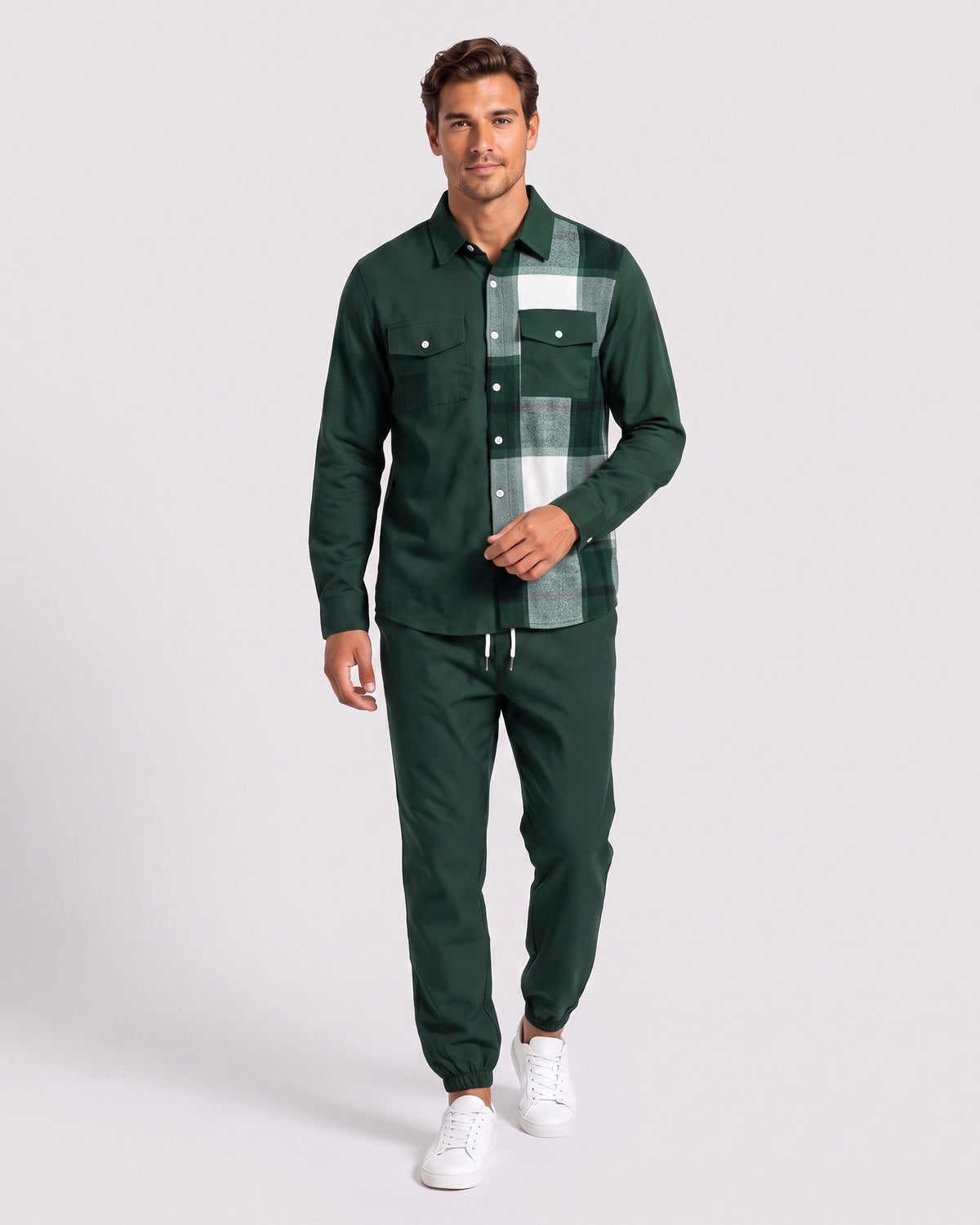 KZZ Men's Plaid Print Button-Down Shirt and Trousers
