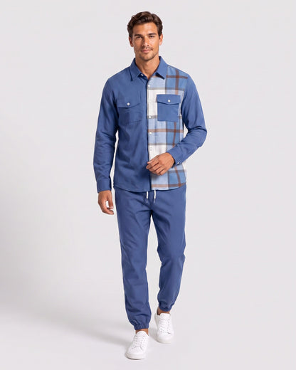 KZZ Men's Plaid Print Button-Down Shirt and Trousers