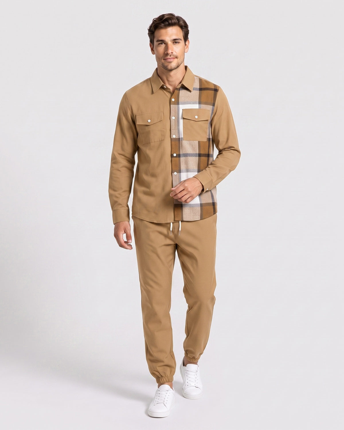 KZZ Men's Plaid Print Button-Down Shirt and Trousers
