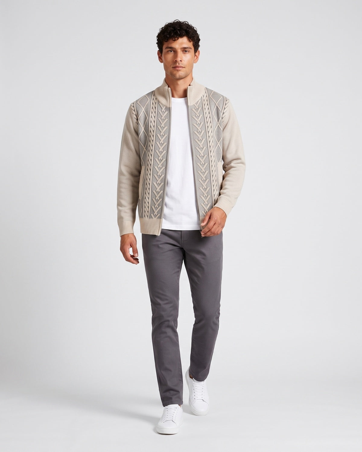 KZZ Men's Geometric Print Zip-Up Cable-Knit Cardigan