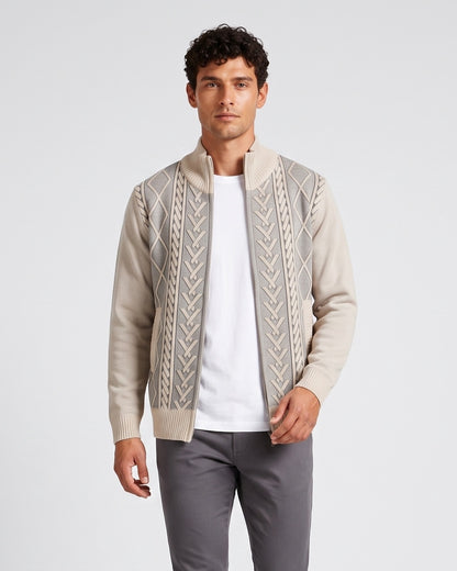 KZZ Men's Geometric Print Zip-Up Cable-Knit Cardigan