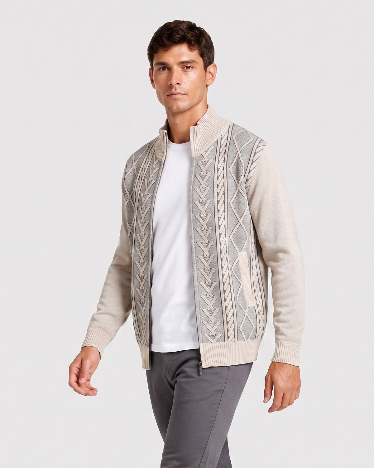 KZZ Men's Geometric Print Zip-Up Cable-Knit Cardigan