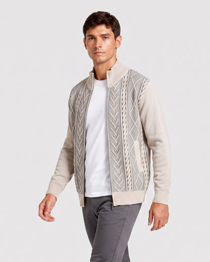 KZZ Men's Geometric Print Zip-Up Cable-Knit Cardigan