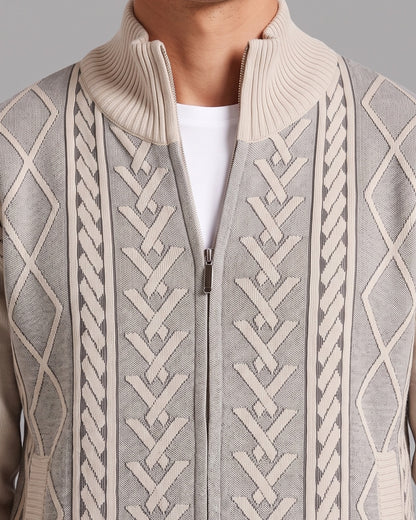 KZZ Men's Geometric Print Zip-Up Cable-Knit Cardigan